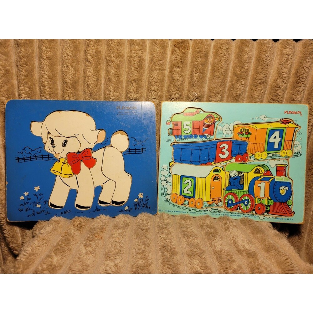 2 Vintage Playskool Wooden Puzzles  Toddler Preschool Homeschool Sesame Cat
